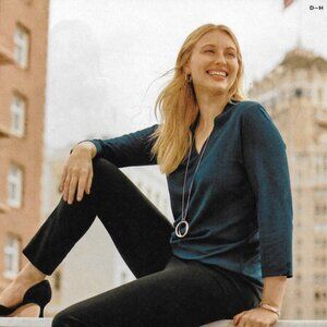 🌷Eileen Fisher Jersey Knit 3/4 Sleeve V-neck Shawl Collar Tunic Teal Top